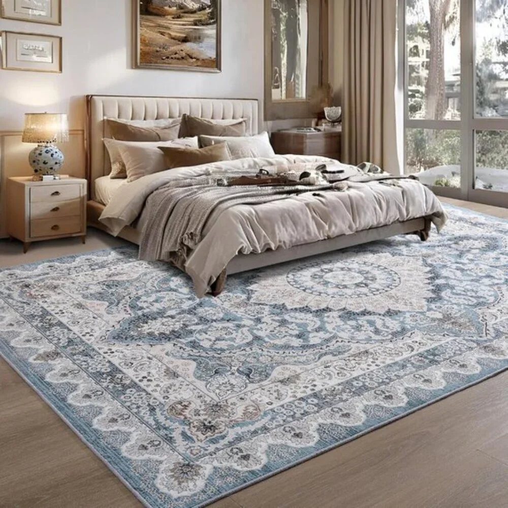 New 6x9 Blue Vintage Washable Rug Non-Slip Low Pile Carpet for Home & Room